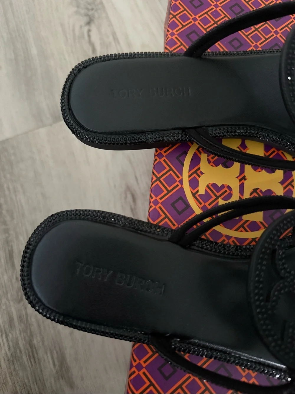 Tory Burch Black Beaded Logo Thong Sandals